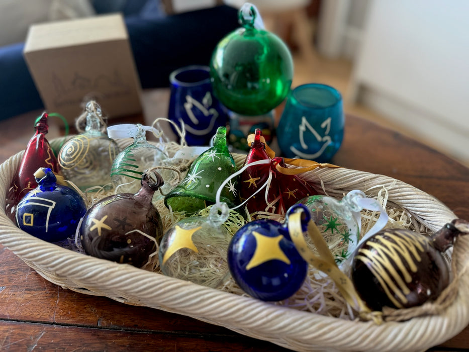 red, clear, green, plum, aubergine, blue, turquoise recycled glass decorations Christmas and easter